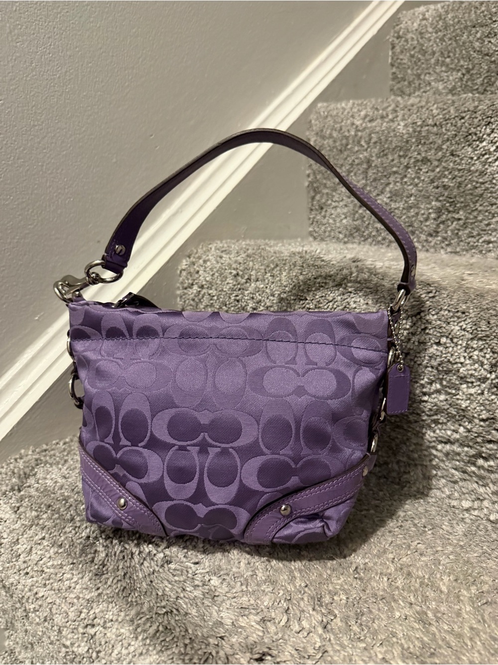 Coach Mini Carly Signature Satin Shoulder Bag in a vibrant purple colorway